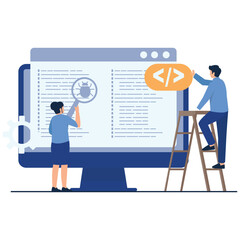 IT Services Illustration. Vector illustration of Team analyzing and fixing bugs in source code displayed on a giant screen. Isolated on background