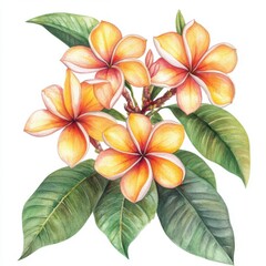 Fototapeta premium Watercolor Painting of Orange and Yellow Plumeria Flowers with Green Leaves