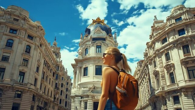 Young Woman Exploring Madrid's Architecture, Walking Towards the Metropolis Building