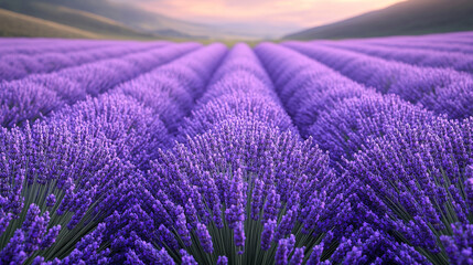 Obraz premium Serene landscape of lavender rows in full bloom stretching toward pastel sky and horizon.
