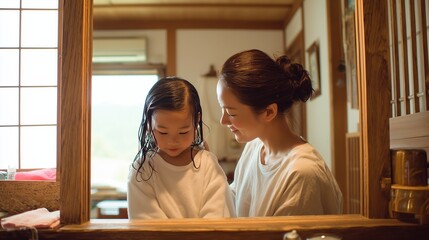温泉旅館で湯上りの親子のひと時