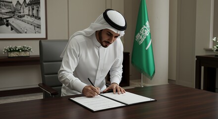 Saudi Arabian Official Signing Important Documents