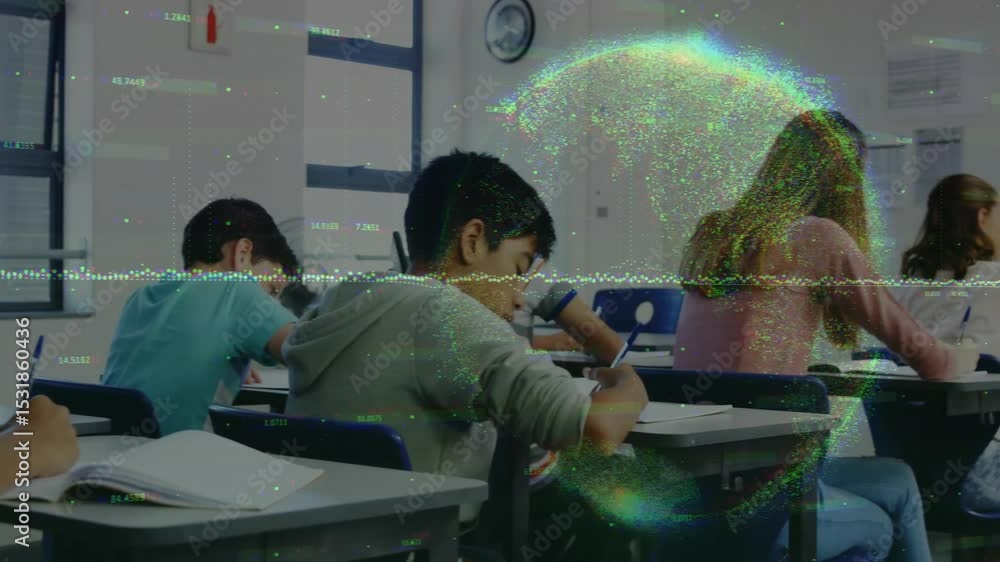 Poster Classmates writing in class causing digital globe appearing pulsing with glitch lines for learning