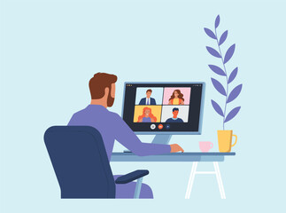 Remote work concept, man attending video conference call, home office setup, online meeting, digital communication, virtual team collaboration