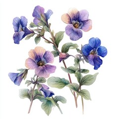 Watercolor Painting of Delicate Purple and Blue Flowers on White Background