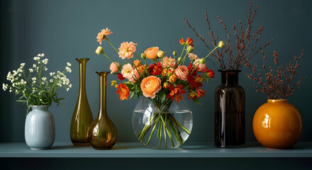 Colorful floral arrangement in various vases on teal shelf