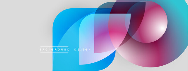 Abstract shapes overlap, creating vibrant color gradients. Smooth curves suggest movement, modern design aesthetic. Light reflects off surfaces.