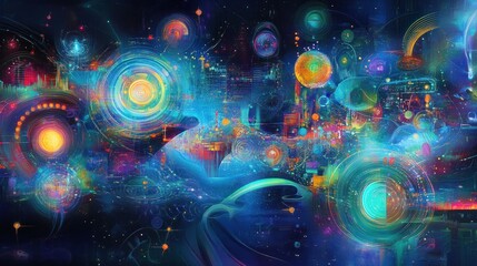 Obraz premium Abstract digital art, vibrant swirling colors, glowing shapes