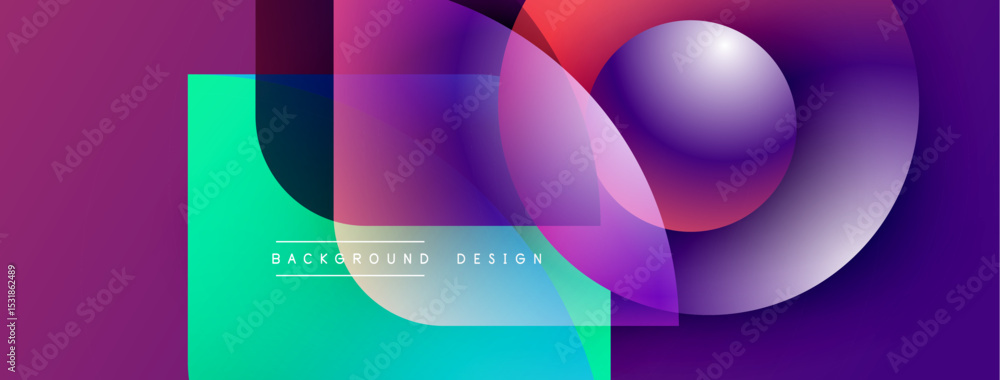 Poster abstract geometric shapes overlap, creating vibrant color gradients. design features teal, purple, m