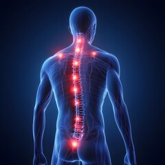 Human body with glowing red pain points on neural pathways illustrating pain or nerve stimulation, set against a dark blue background
