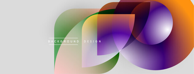 Abstract colorful shapes overlap, creating dynamic visual effect. Modern design elements suggest fluidity, energy, innovation. Background is light gray.