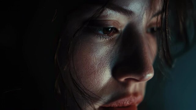 Dramatic lighting highlights a woman's face as she intently observes something off screen, her expression conveying a mix of curiosity and contemplation