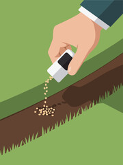 Professional hands gently applying fertilizer along the edge of a garden bed and lawn border, visible care in placement, precise granule drop, soft light, earth tones, no full human presence