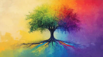 Vibrant tree with colorful roots against a spectrum of painted backgrounds