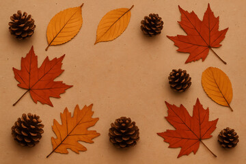 Autumnal Arrangement: A vibrant display of fallen leaves and pinecones in a captivating autumn arrangement, evoking the essence of fall and seasonal charm.