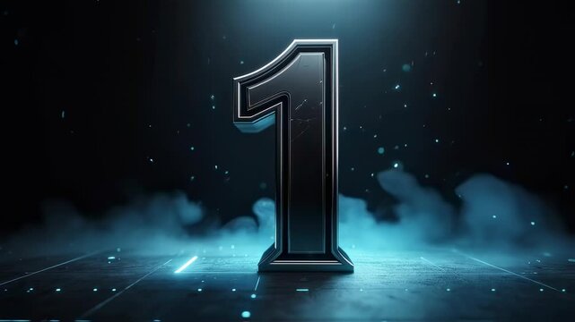 Countdown sequence from two to one with futuristic metallic numbers and glowing neon lights on a reflective surface