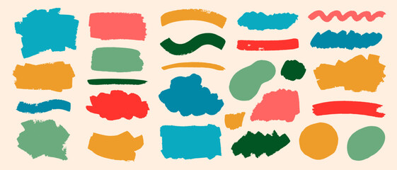 Set of colorful brush strokes, lines, hand painted design elements. Boxes, textures, backgrounds for text. Rough grunge edges. Artistic brushes.