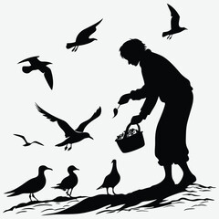 A person feeding seagulls on the shore image silhouette design vector art and illustration	