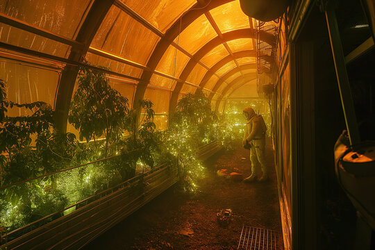 Astronauts nurture glowing plants inside a Mars biodome under a red sky&mdash;futuristic garden in space.