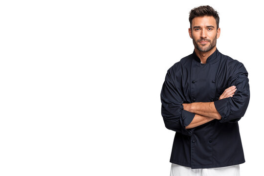 Confident male chef in black uniform standing with arms crossed, isolated on transparent background, representing culinary expertise and professional kitchen staff - Powered by Adobe