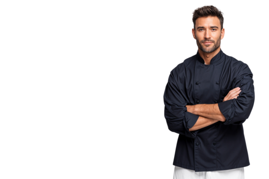 Confident male chef in black uniform standing with arms crossed, isolated on transparent background, representing culinary expertise and professional kitchen staff - Powered by Adobe