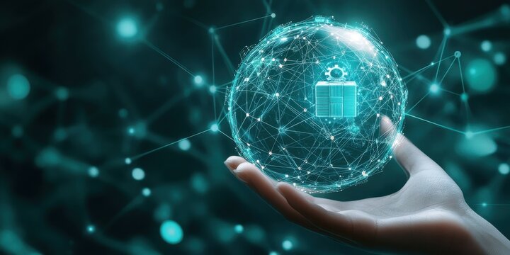 A hand holding a glowing digital globe representing technology and global network