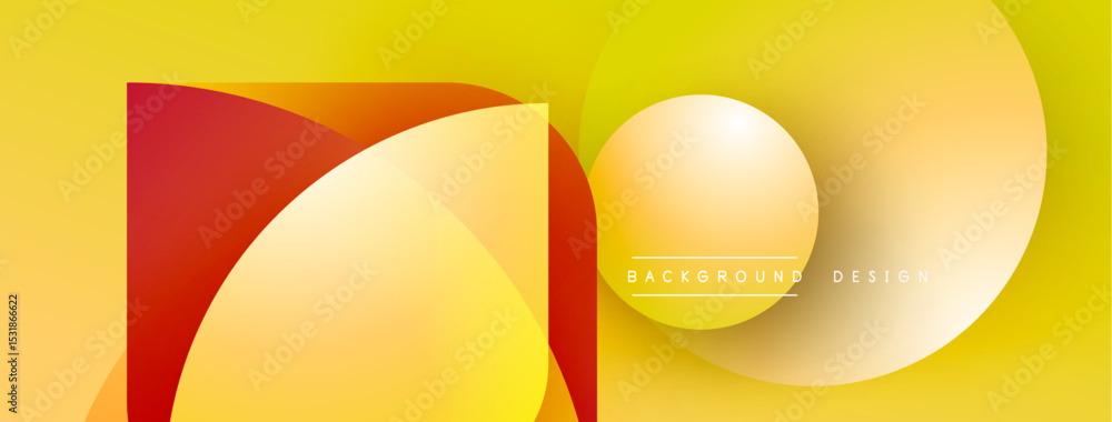Poster abstract geometric shapes overlap, creating vibrant yellow, orange, red gradients. minimalist design