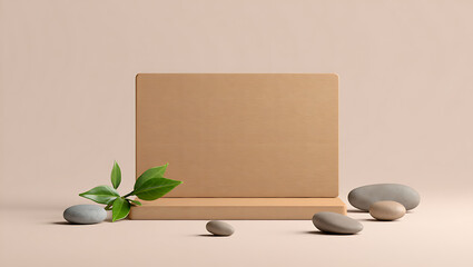 Minimalist Wooden Display Stand with Leaves and Stones on Beige Background