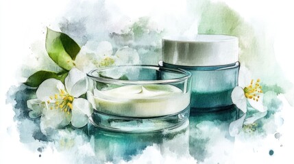Watercolor spa scene with candles and cream jars
