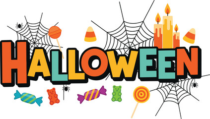 Happy Halloween Title with Candy and Spiders