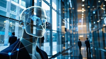 Futuristic businessman with digital features in lobby - Powered by Adobe