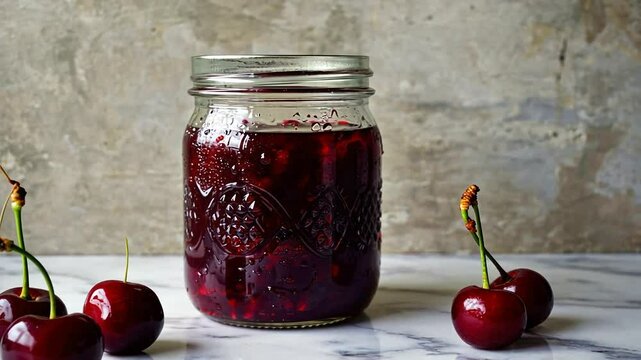 A jar of homemade cherry jam sits on a marble countertop with fresh cherries nearby