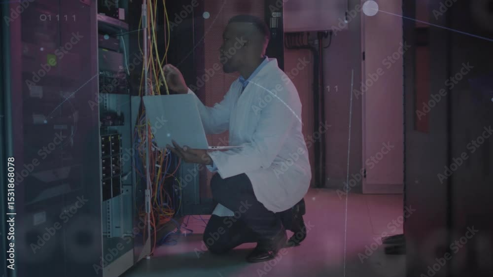 Aufkleber network engineer reviewing logs then plugging yellow cable with data overlay showing network uptime