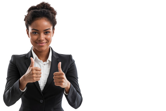 African American businesswoman smiling and showing thumbs up, dressed in formal suit, isolated on transparent background. Positive gesture and professional expression