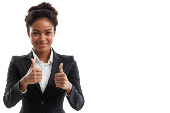 African American businesswoman smiling and showing thumbs up, dressed in formal suit, isolated on transparent background. Positive gesture and professional expression