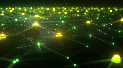 Abstract network of glowing yellow and green nodes