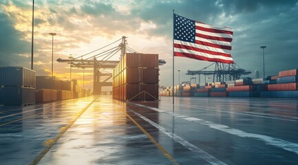 Container ship port at sunrise with US flag