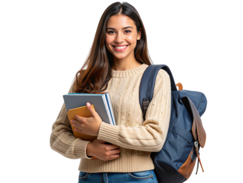 Smiling Female Student Holding Book and Backpack, Front Portrait on Transparent Background   - Powered by Adobe