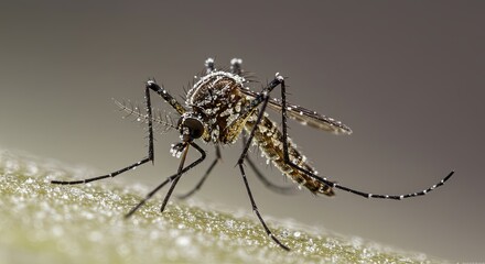 A mosquito is standing on a surface, with its legs spread out