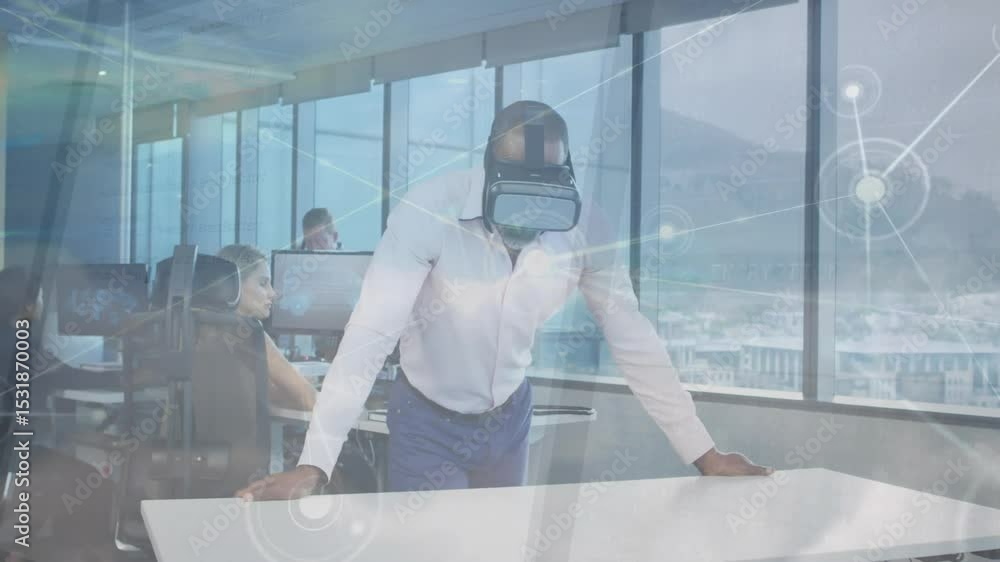 Poster vr user shifting weight and activating technology overlays for exploring virtual environment