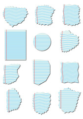 Notebook Paper Pieces A collection of twelve various shapes and sizes of ripped notebook paper pieces with light blue lines on white background, ideal for design projects that need a unique texture.