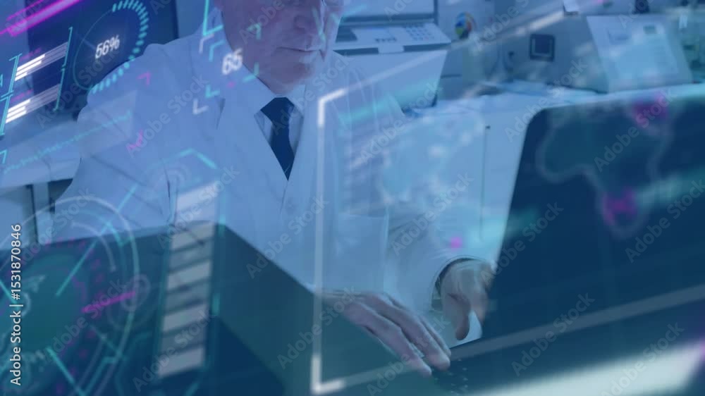 Poster senior scientist initiating lab data overlays tapping keyboard, donning glasses and analyzing maps