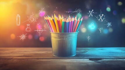 Colorful pencils in a tin can on a wooden table, with abstract sketches