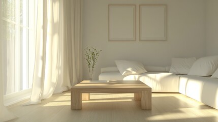 73.A minimalist Scandinavian living room with a white sofa, wooden coffee table, and soft curtains creating a light and airy atmosphere. The room is filled with natural light, casting soft shadows