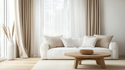 75.A modern minimalist living room with a Scandinavian design, featuring a white sofa and light wooden coffee table. Soft beige curtains provide a sense of warmth, and natural light floods the room