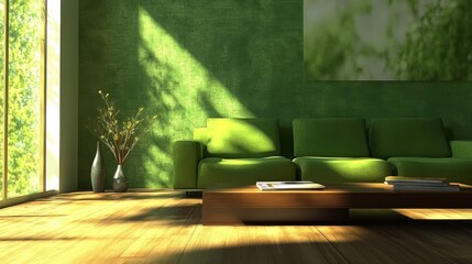 76.A modern living room with a green sofa placed against a complementary green wall. The scene features a wooden floor, adding warmth and texture to the space. A sleek, minimalistic coffee table sits