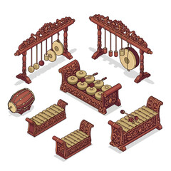 Ornate Indonesian Gamelan Ensemble with Carved Wooden Frames and Bronze Instruments