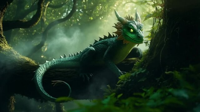 A small green dragon with horns resting on a mossy tree branch in a misty forest setting video