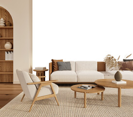 Angled View of Japandi Living Room with Lounge Chair and Modular Sofa – Transparent Wall Mockup  – 3D render