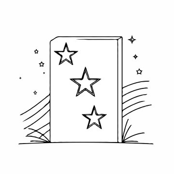 Simple illustration of a memorial plaque with stars in a grassy landscape  